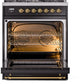 Ilve UP30NMPBKGLP Nostalgie Ii 30 Inch Dual Fuel Liquid Propane Freestanding Range In Glossy Black With Brass Trim