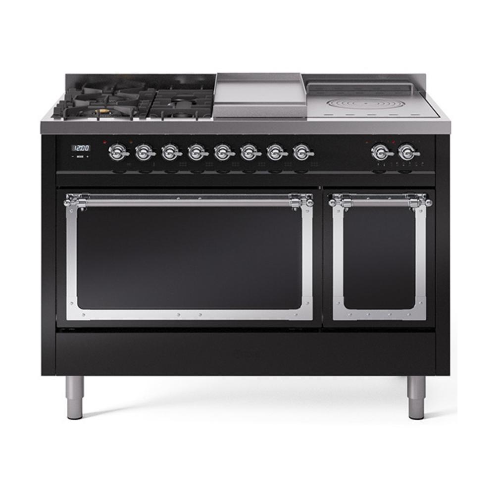Ilve UN48FSQNMPBKCLP Ilve Un48Fsqnmpbkclp Nostalgie Ii Noblesse 48" Dual Fuel Range (5 Sealed Burners + Griddle + French Top, Liquid Propane, Solid Door, Glossy Black, Chrome)