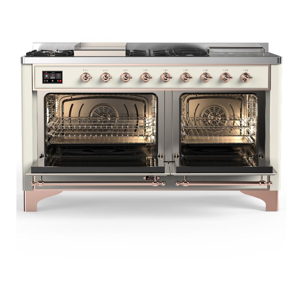 Ilve UM60FSQNR3AWPLP Ilve Um60Fsqnr3Awplp Majestic Iii 60 Inch Dual Fuel Range With 7 Burners, Griddle And French Top, Dual Function Burner With Up To 25,000 Btu (Liquid Propane, Solid Door, Antique White, Copper)