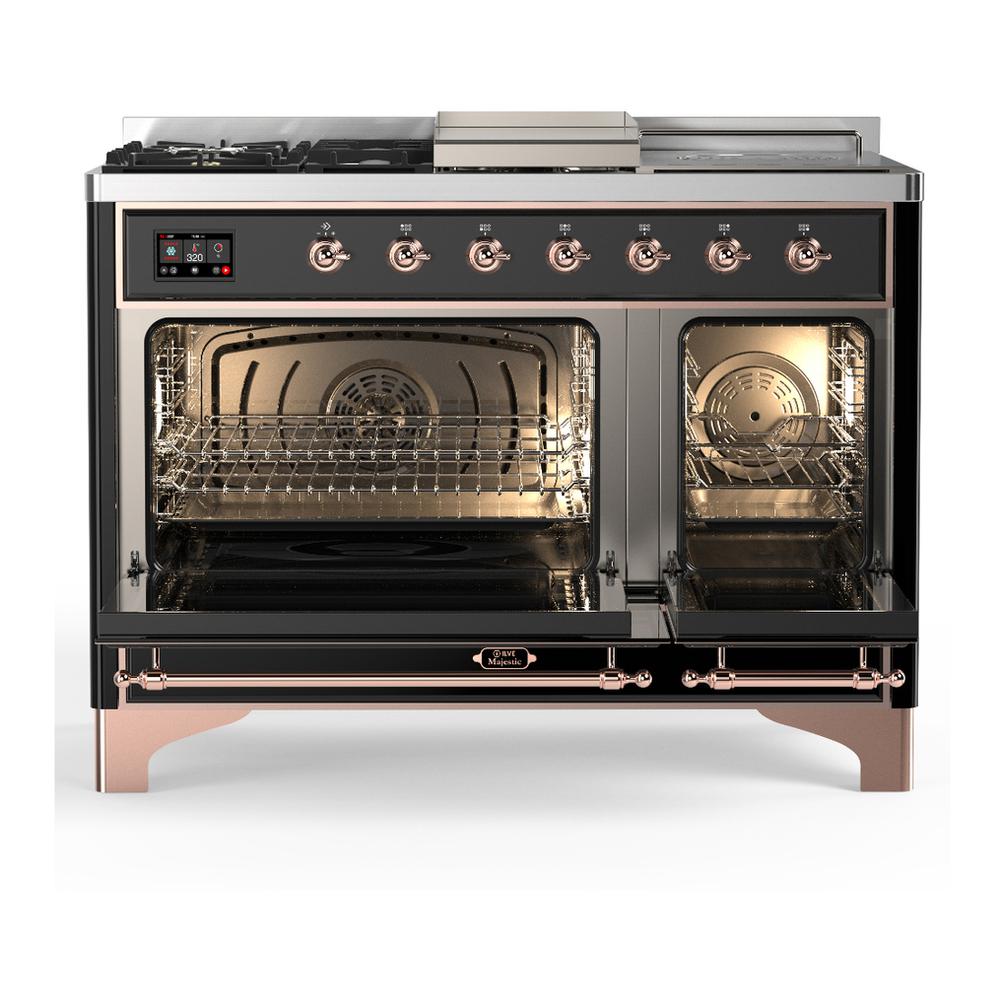 Ilve UM48FSNR3BKP Ilve Um48Fsnr3Bkp Majestic Iii 48 Inch Dual Fuel Range With 5 Black Brass Burners, Griddle And French Top, Dual Function Burner Up To 25,000 Btu (Natural Gas, Triple Glass Door, Glossy Black, Copper)