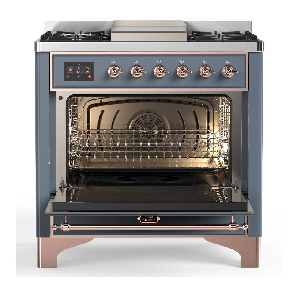 Ilve UM36FQNR3BGP Ilve Um36Fqnr3Bgp Majestic Iii 36 Inch Dual Fuel Range With 6 Black Brass Burners And Griddle, Dual Function Burner Up To 25,000 Btu (Solid Door, Blue Grey, Copper, Natural Gas)