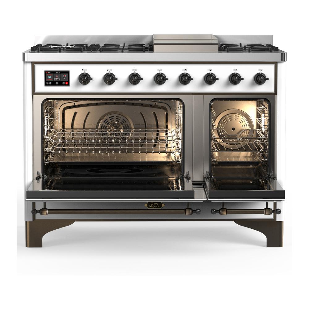 Ilve UM48FNR3WHBLP Ilve Um48Fnr3Whblp Majestic Iii 48 Inch Dual Fuel Range With 8 Burners And Griddle, Dual Function Burner Up To 25,000 Btu (Liquid Propane, Triple Glass Door, White, Burnished)