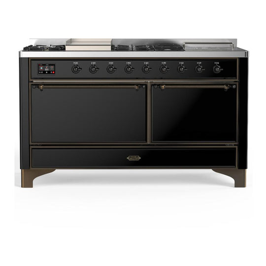 Ilve UM60FSQNR3BKBLP Ilve Um60Fsqnr3Bkblp Majestic Iii 60 Inch Dual Fuel Range With 7 Burners, Griddle And French Top, Dual Function Burner With Up To 25,000 Btu (Liquid Propane, Solid Door, Glossy Black, Burnished)