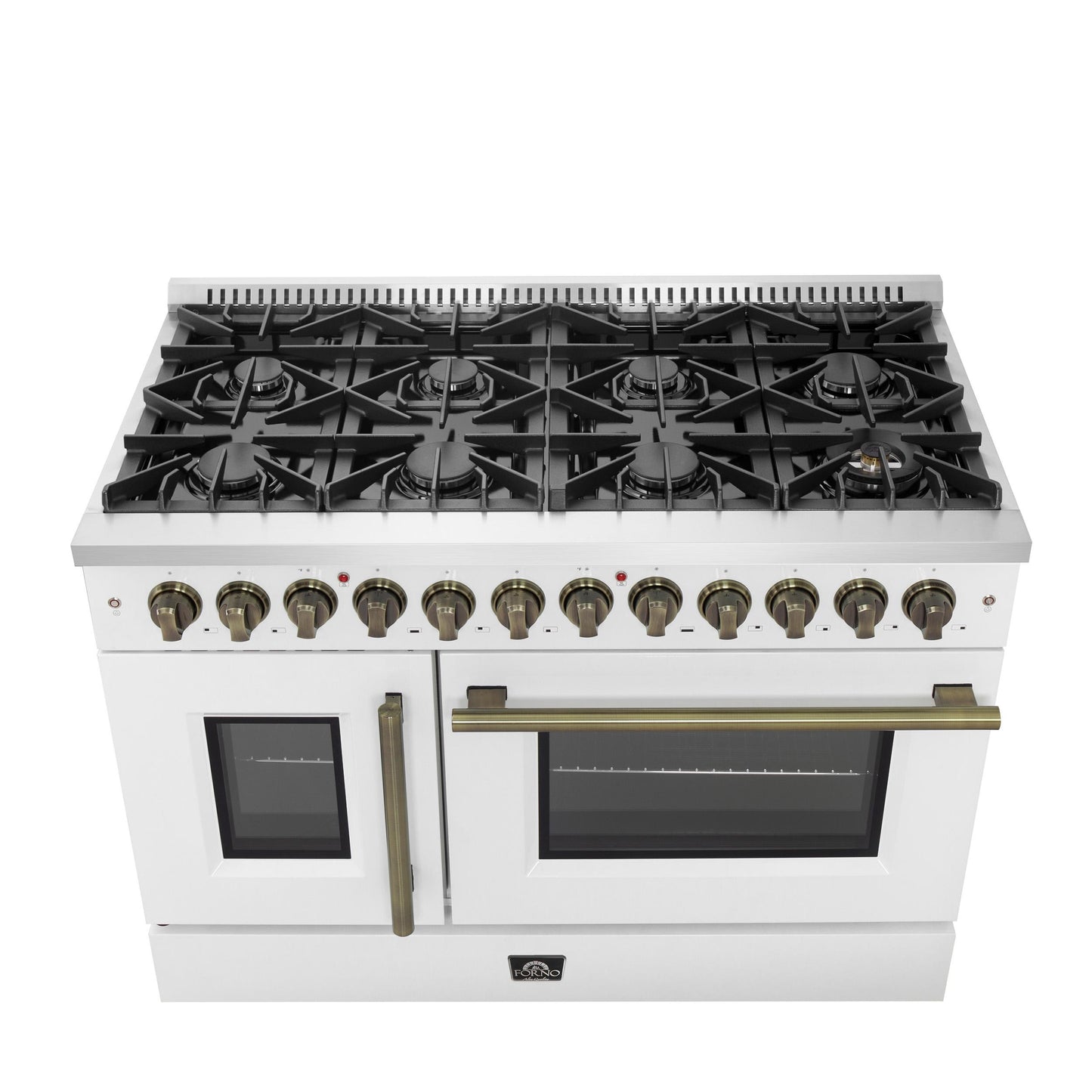 Forno FFSGS635648WHT Forno Galiano 48-Inch French Door Dual Fuel Range, White & Antique Brass Design, 8 Sealed Burners - 107,000 Btu, Griddle, 6.58 Cu.Ft. Double Ovens