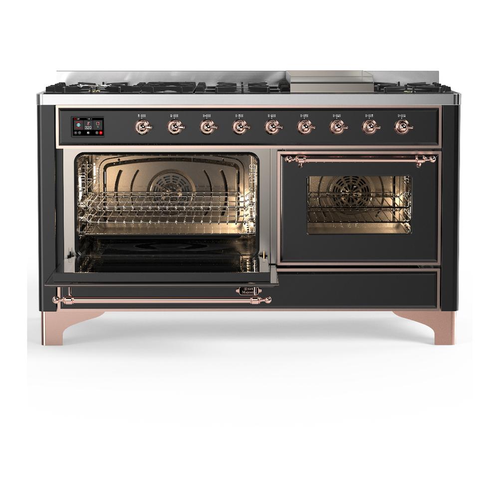 Ilve UM60FNR3MGP Ilve Um60Fnr3Mgp Majestic Iii 60 Inch Dual Fuel Range With 9 Burners And Griddle, Dual Function Burner Up To 25,000 Btu (Natural Gas, Triple Glass Door, Graphite Matte, Copper)