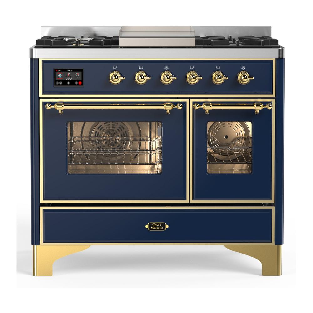 Ilve UMD40FNR3MBG Ilve Umd40Fnr3Mbg Majestic Iii 40 Inch Dual Fuel Range With 6 Burners And Griddle, Dual Function Burner Up To 25,000 Btu (Natural Gas, Triple Glass Door, Midnight Blue, Brass)