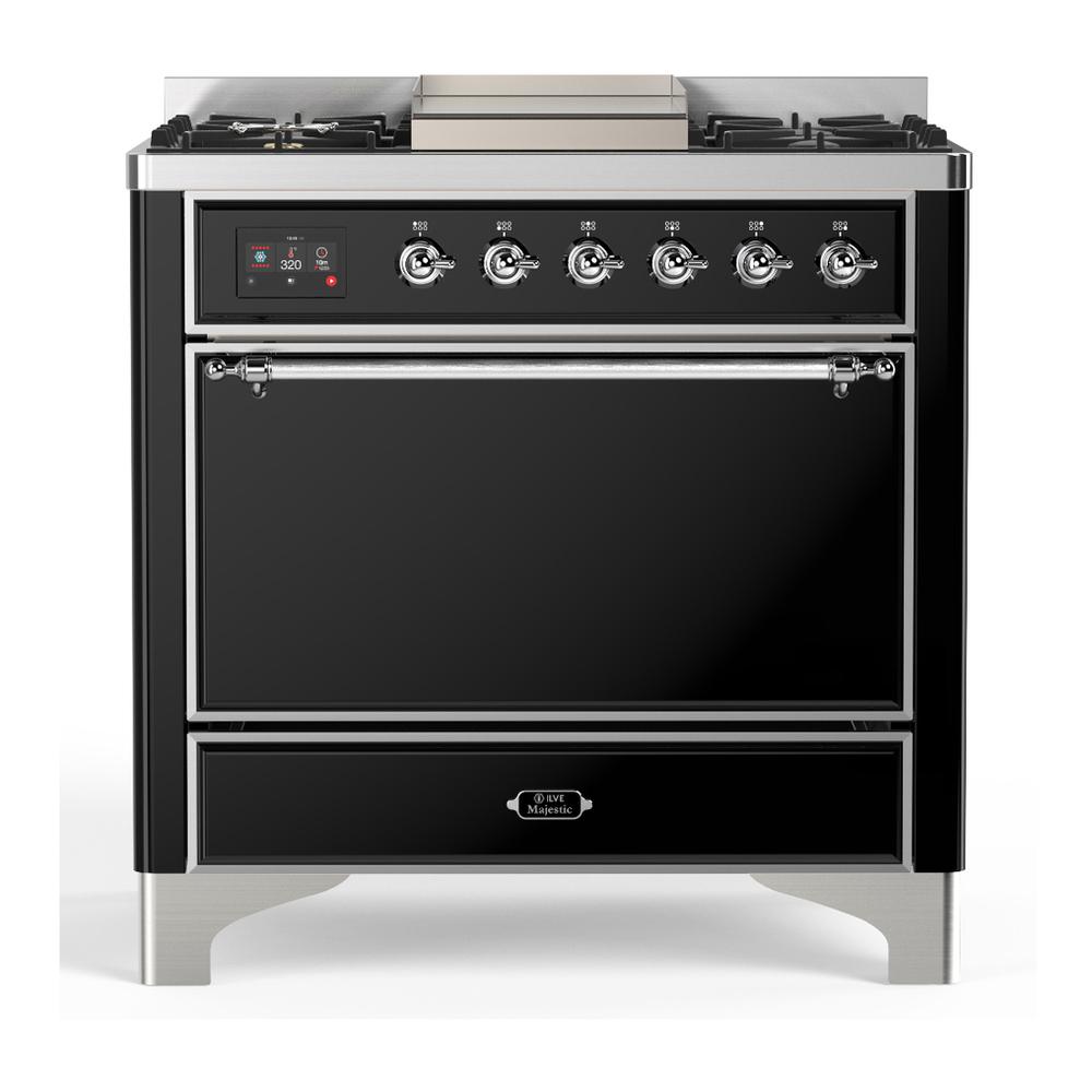 Ilve UM36FQNR3BKC Ilve Um36Fqnr3Bkc Majestic Iii 36 Inch Dual Fuel Range With 6 Black Brass Burners And Griddle, Dual Function Burner Up To 25,000 Btu (Solid Door, Glossy Black, Chrome, Natural Gas)