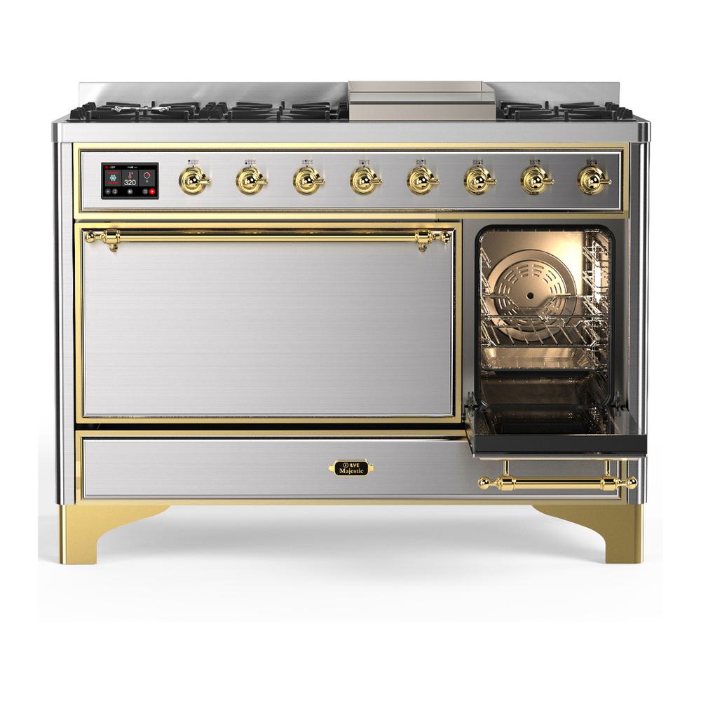 Ilve UM48FQNR3SSG Ilve Um48Fqnr3Ssg Majestic Iii 48 Inch Dual Fuel Range With 8 Burners And Griddle, Dual Function Burner Up To 25,000 Btu (Natural Gas, Solid Door, Stainless Steel, Brass)