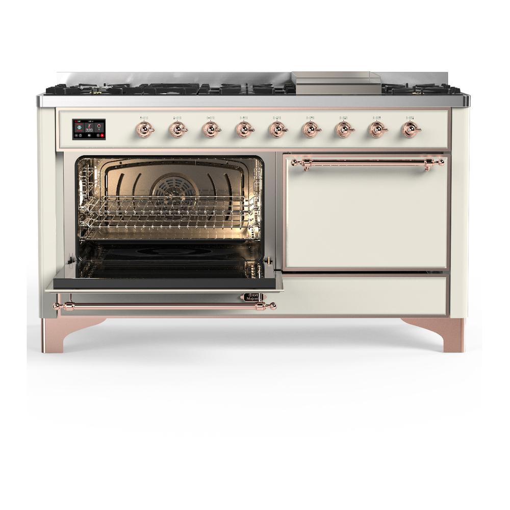 Ilve UM60FQNR3AWP Ilve Um60Fqnr3Awp Majestic Iii 60 Inch Dual Fuel Range With 9 Burners And Griddle, Dual Function Burner Up To 25,000 Btu (Natural Gas, Solid Door, Antique White, Copper)