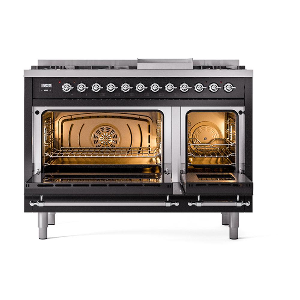 Ilve UN48FNMPBKC Ilve Un48Fnmpbkc Nostalgie Ii Noblesse 48" Dual Fuel Range (8 Sealed Burners + Griddle, Natural Gas, Triple Glass Door, Glossy Black, Chrome)