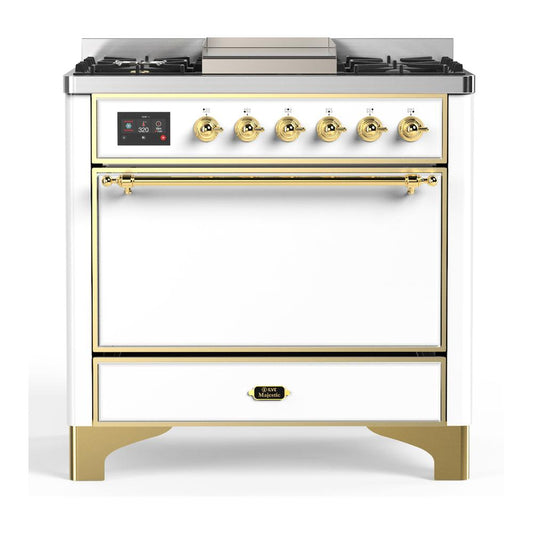 Ilve UM36FQNR3WHGLP Ilve Um36Fqnr3Whglp Majestic Iii 36 Inch Dual Fuel Range With 6 Black Brass Burners And Griddle, Dual Function Burner Up To 25,000 Btu (Solid Door, White, Brass, Liquid Propane)