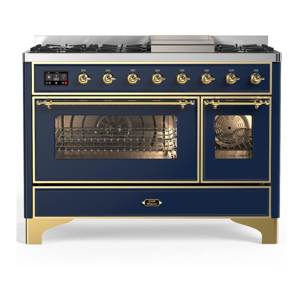 Ilve UM48FNR3MBG Ilve Um48Fnr3Mbg Majestic Iii 48 Inch Dual Fuel Range With 8 Burners And Griddle, Dual Function Burner Up To 25,000 Btu (Natural Gas, Triple Glass Door, Midnight Blue, Brass)