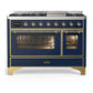 Ilve UM48FNR3MBG Ilve Um48Fnr3Mbg Majestic Iii 48 Inch Dual Fuel Range With 8 Burners And Griddle, Dual Function Burner Up To 25,000 Btu (Natural Gas, Triple Glass Door, Midnight Blue, Brass)