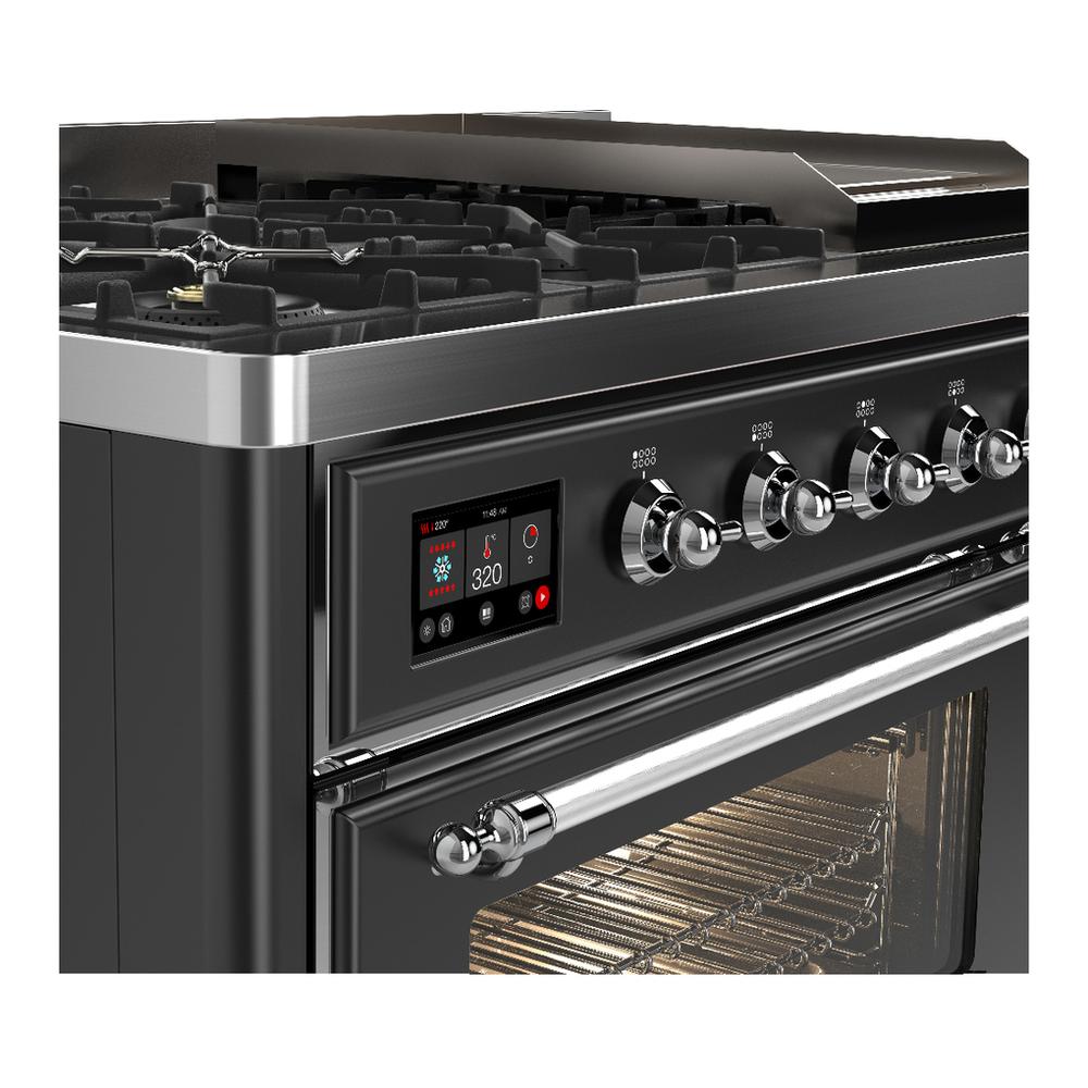 Ilve UM48FNR3MGCLP Ilve Um48Fnr3Mgclp Majestic Iii 48 Inch Dual Fuel Range With 8 Burners And Griddle, Dual Function Burner Up To 25,000 Btu (Liquid Propane, Triple Glass Door, Graphite Matte, Chrome)