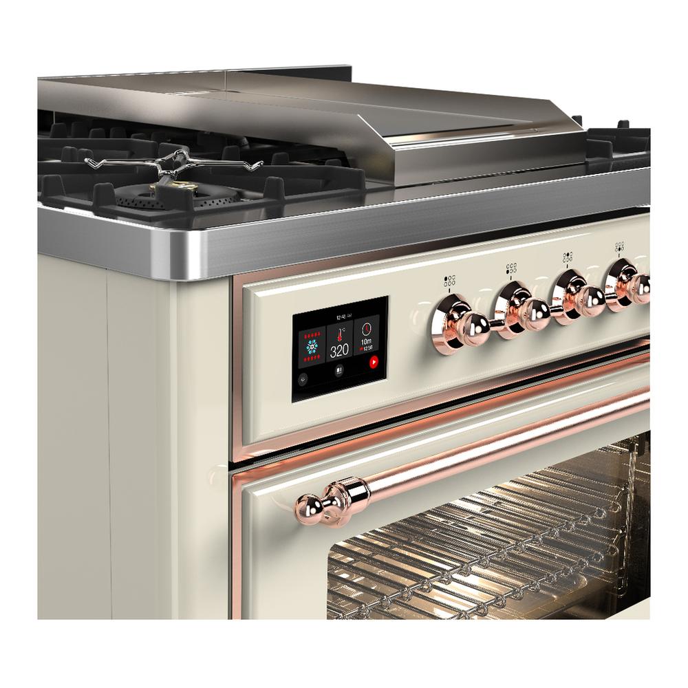 Ilve UM36FNR3AWP Ilve Um36Fnr3Awp Majestic Iii 36 Inch Dual Fuel Range With 6 Black Brass Burners And Griddle, Dual Function Burner Up To 25,000 Btu (Triple Glass Door, Antique White, Copper, Natural Gas)