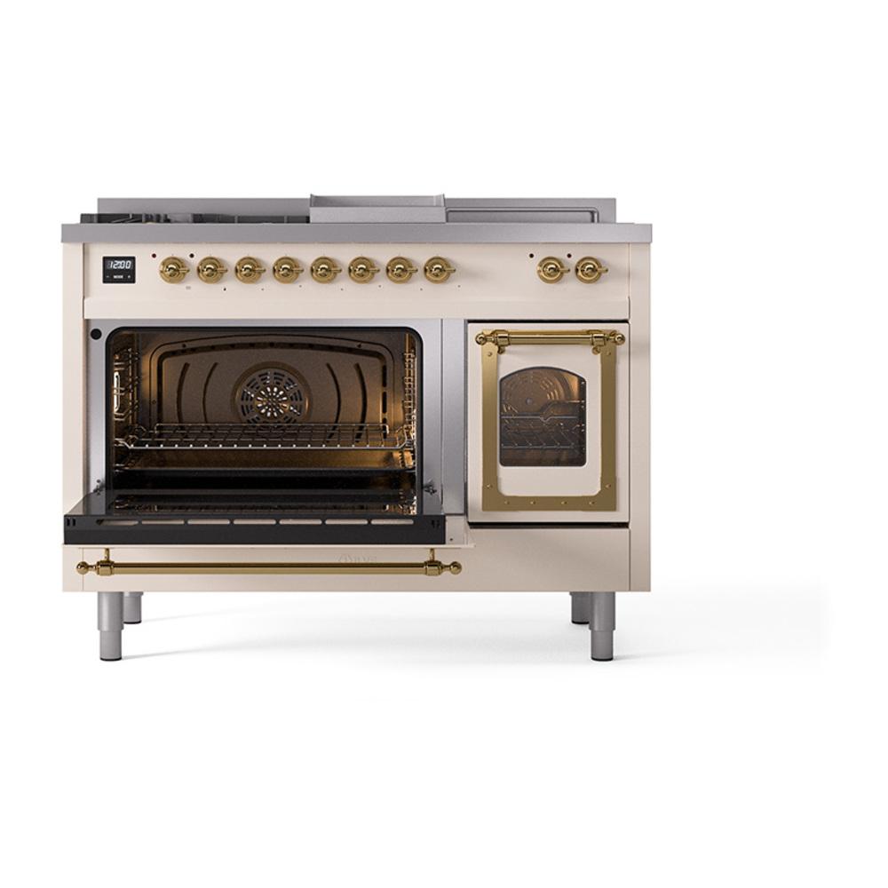 Ilve UN48FSNMPAWG Ilve Un48Fsnmpawg Nostalgie Ii Noblesse 48" Dual Fuel Range (5 Sealed Burners + Griddle + French Top, Natural Gas, Triple Glass Door, Antique White, Brass)