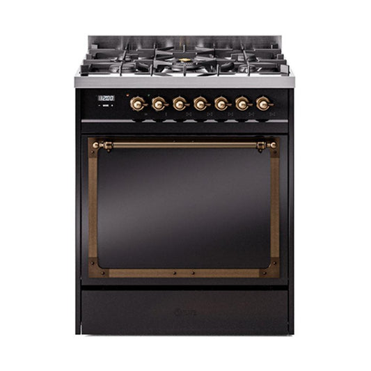 Ilve UN30QNMPBKBLP Ilve Un30Qnmpbkblp Nostalgie Ii Noblesse 30" Dual Fuel Range (Liquid Propane, Solid Door, Glossy Black, Burnished)