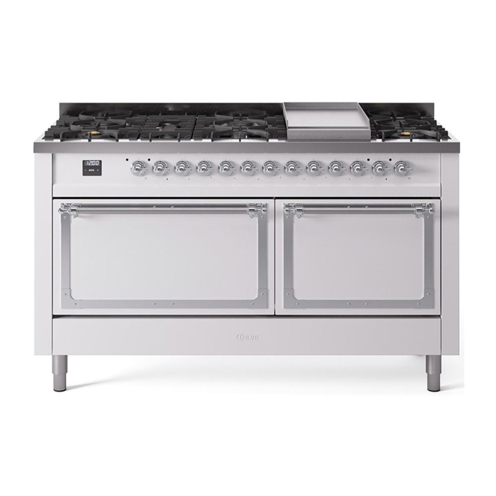 Ilve UN60FQNMPWHCLP Ilve Un60Fqnmpwhclp Nostalgie Ii Noblesse 60" Dual Fuel Range (9 Sealed Burners + Griddle, Liquid Propane, Solid Door, White, Chrome)
