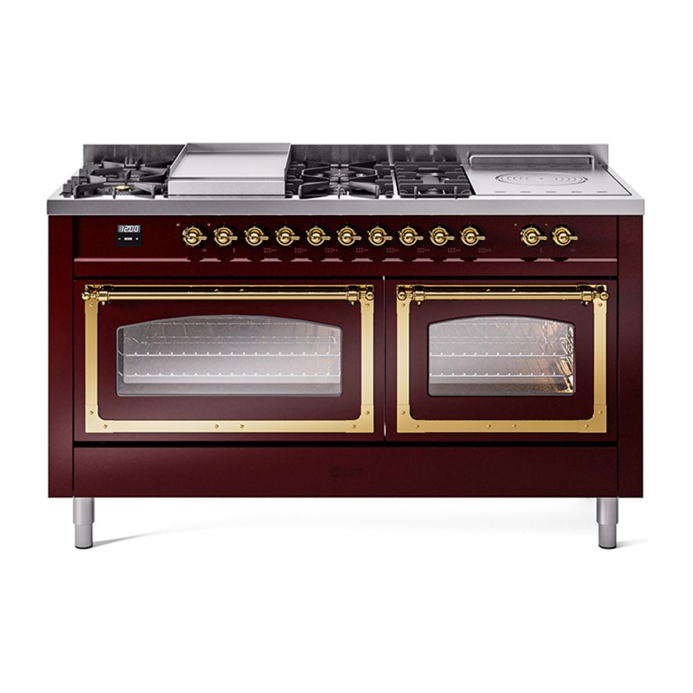 Ilve UN60FSNMPBUG Ilve Un60Fsnmpbug Nostalgie Ii Noblesse 60" Dual Fuel Range (7 Sealed Burners + Griddle + French Top, Natural Gas, Triple Glass Door, Burgundy, Brass)