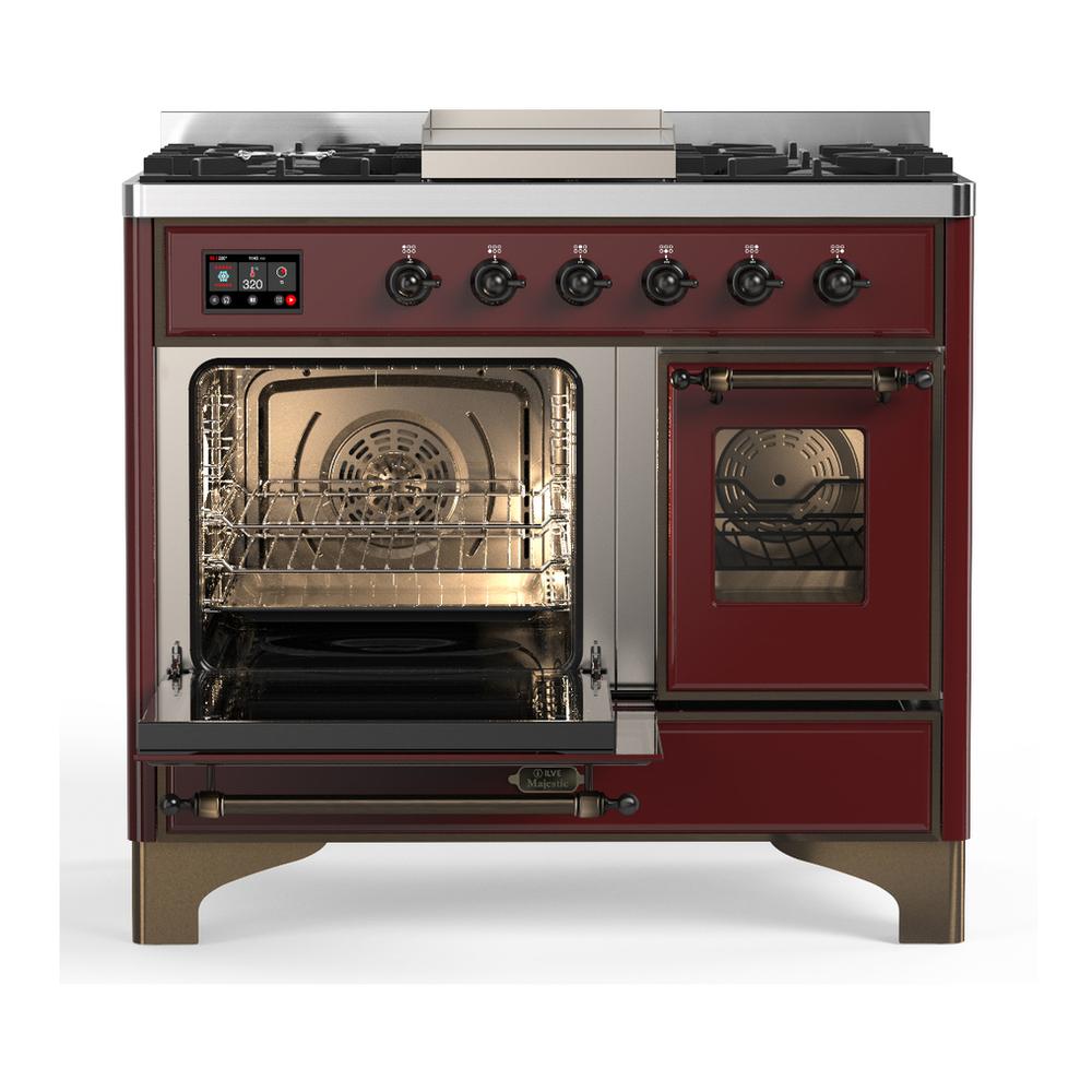 Ilve UMD40FNR3BUBLP Ilve Umd40Fnr3Bublp Majestic Iii 40 Inch Dual Fuel Range With 6 Burners And Griddle, Dual Function Burner Up To 25,000 Btu (Liquid Propane, Triple Glass Door, Burgundy, Burnished)