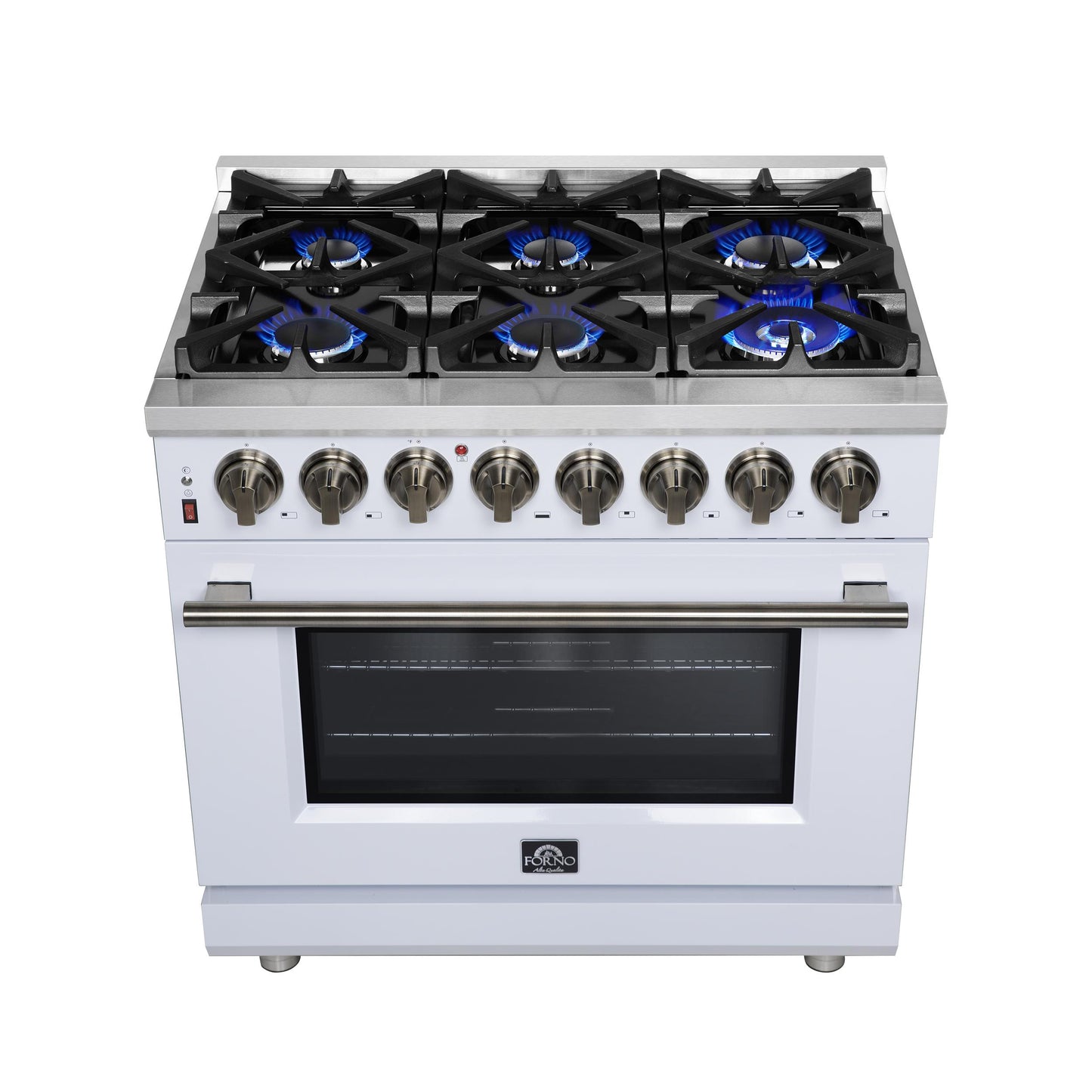 Forno FFSGS612536WHT Forno Massimo 36 Inch Freestanding Dual Fuel Range In White With Antique Brass Accessories, 6 Burners, 5.36 Cu. Ft. Convection Oven