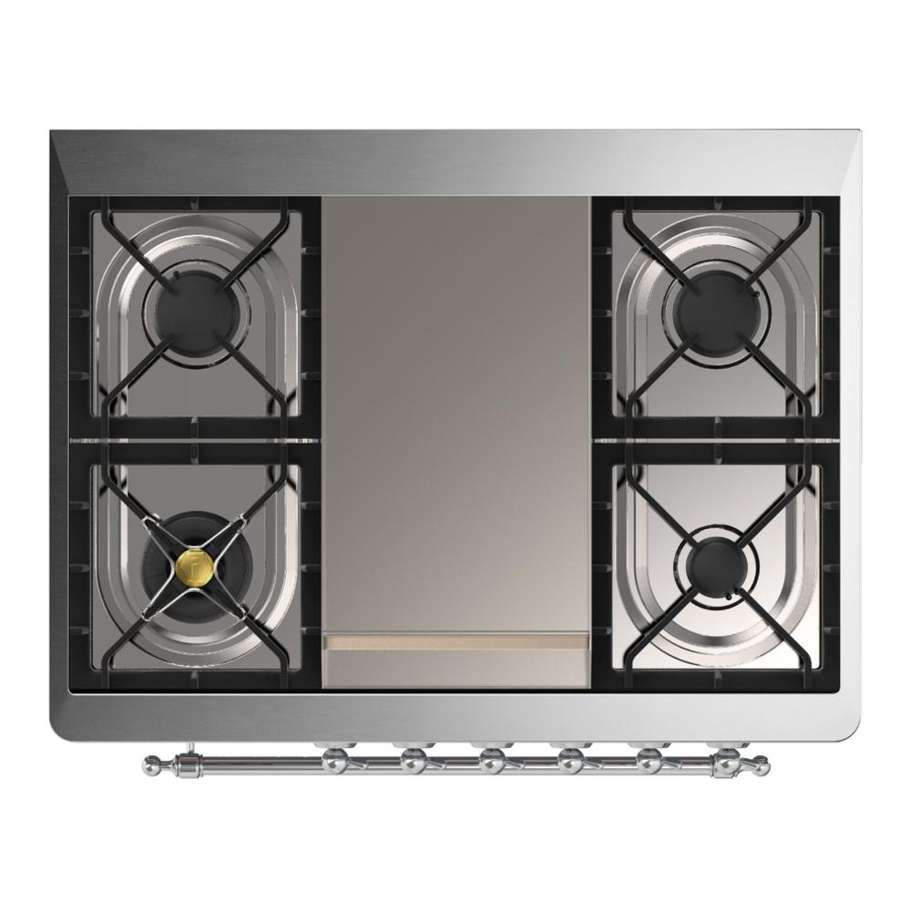 Ilve UM36FNR3WHC Ilve Um36Fnr3Whc Majestic Iii 36 Inch Dual Fuel Range With 6 Black Brass Burners And Griddle, Dual Function Burner Up To 25,000 Btu (Triple Glass Door, White, Chrome, Natural Gas)