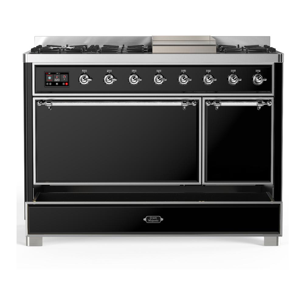 Ilve UM48FQNR3BKC Ilve Um48Fqnr3Bkc Majestic Iii 48 Inch Dual Fuel Range With 8 Burners And Griddle, Dual Function Burner Up To 25,000 Btu (Natural Gas, Solid Door, Glossy Black, Chrome)