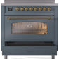 Ilve UPI366NMPBGG Nostalgie Ii 36 Inch Electric Freestanding Range In Blue Grey With Brass Trim