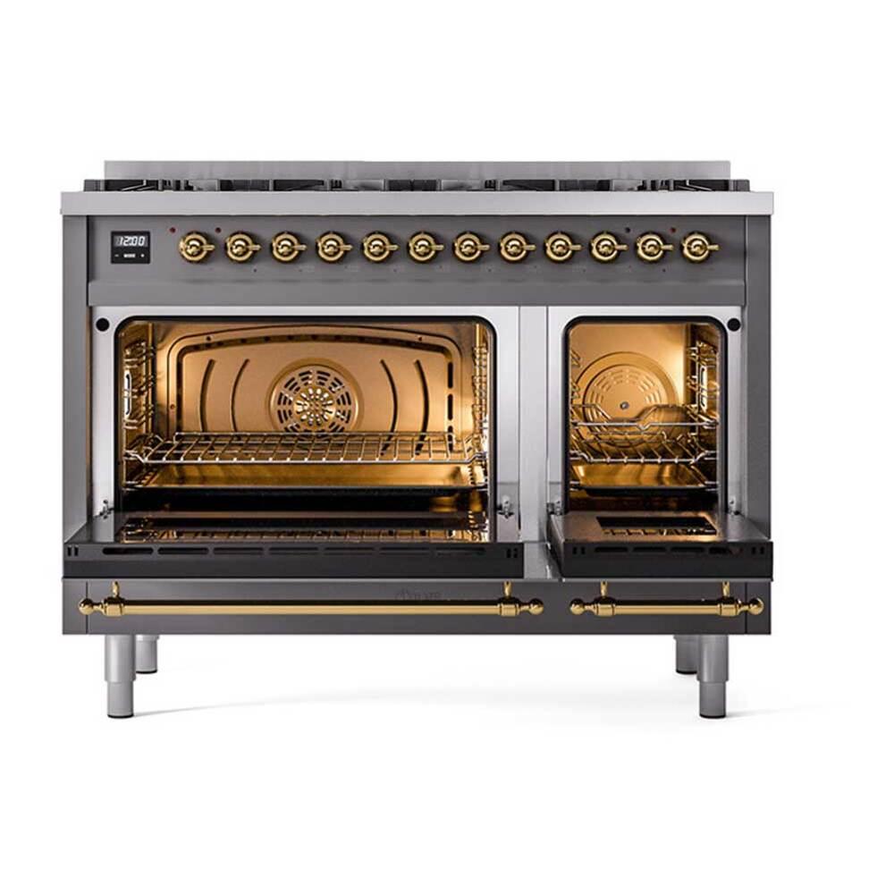 Ilve UP488NMPMGG Ilve Up488Nmpmgg Nostalgie Ii 48 Inch Dual Fuel Range With 8 Total Black Brass Sealed Burners, Brass Trim (Limited Edition) (Natural Gas, Graphite Matte)