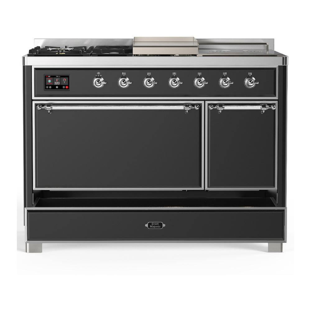 Ilve UM48FSQNR3MGC Ilve Um48Fsqnr3Mgc Majestic Iii 48 Inch Dual Fuel Range With 5 Black Brass Burners, Griddle And French Top, Dual Function Burner Up To 25,000 Btu (Natural Gas, Solid Door, Graphite Matte, Chrome)