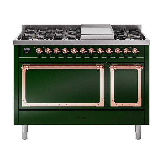 Ilve UN48FQNMPEGPLP Ilve Un48Fqnmpegplp Nostalgie Ii Noblesse 48" Dual Fuel Range (8 Sealed Burners + Griddle, Liquid Propane, Solid Door, Emerald Green, Copper)
