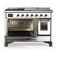 Ilve UM48FSNR3WHB Ilve Um48Fsnr3Whb Majestic Iii 48 Inch Dual Fuel Range With 5 Black Brass Burners, Griddle And French Top, Dual Function Burner Up To 25,000 Btu (Natural Gas, Triple Glass Door, White, Burnished)