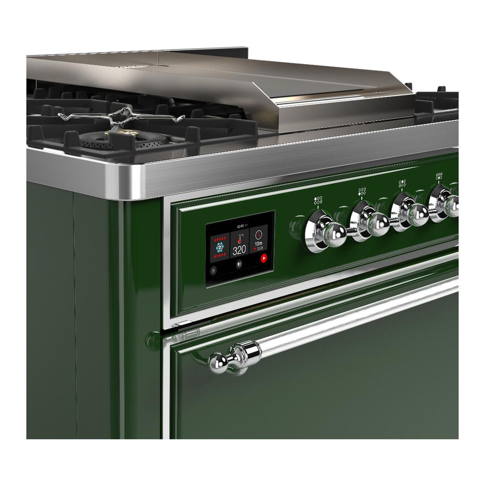 Ilve UM36FQNR3EGCLP Ilve Um36Fqnr3Egclp Majestic Iii 36 Inch Dual Fuel Range With 6 Black Brass Burners And Griddle, Dual Function Burner Up To 25,000 Btu (Solid Door, Emerald Green, Chrome, Liquid Propane)
