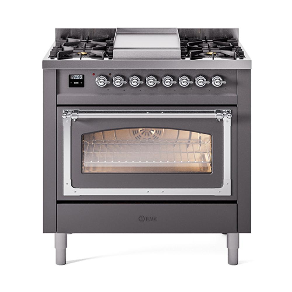 Ilve UN36FNMPMGC Ilve Un36Fnmpmgc Nostalgie Ii Noblesse 36" Dual Fuel Range (Natural Gas, Triple Glass Door, Graphite Matte, Chrome)