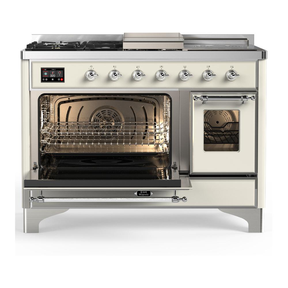 Ilve UM48FSNR3AWC Ilve Um48Fsnr3Awc Majestic Iii 48 Inch Dual Fuel Range With 5 Black Brass Burners, Griddle And French Top, Dual Function Burner Up To 25,000 Btu (Natural Gas, Triple Glass Door, Antique White, Chrome)