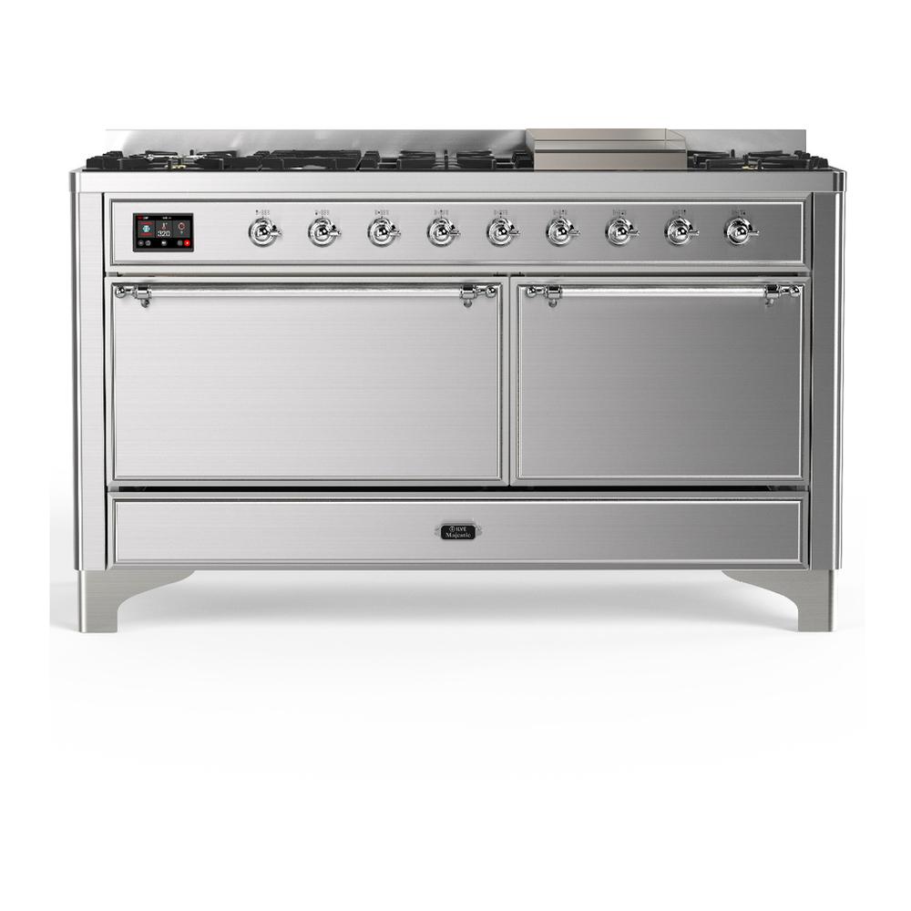 Ilve UM60FQNR3SSC Ilve Um60Fqnr3Ssc Majestic Iii 60 Inch Dual Fuel Range With 9 Burners And Griddle, Dual Function Burner Up To 25,000 Btu (Natural Gas, Solid Door, Stainless Steel, Chrome)