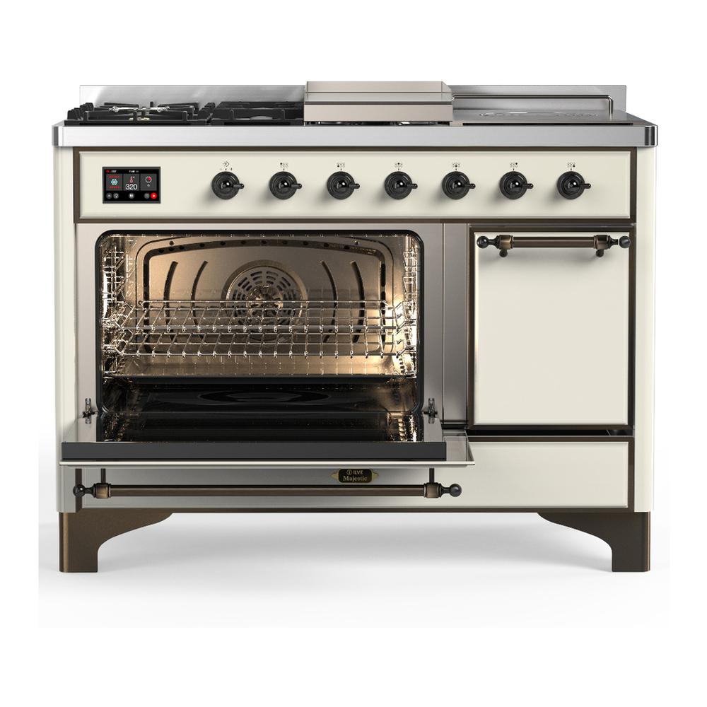 Ilve UM48FSQNR3AWB Ilve Um48Fsqnr3Awb Majestic Iii 48 Inch Dual Fuel Range With 5 Black Brass Burners, Griddle And French Top, Dual Function Burner Up To 25,000 Btu (Natural Gas, Solid Door, Antique White, Burnished)