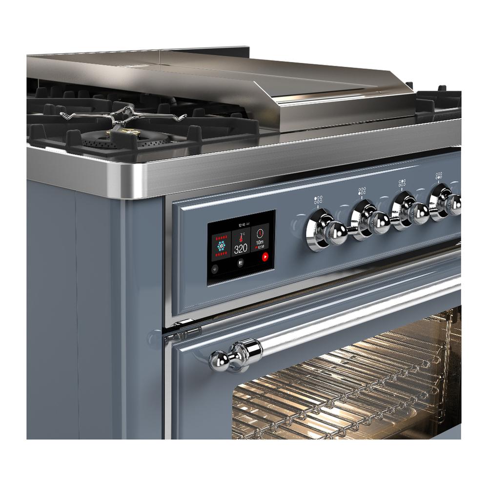 Ilve UM36FNR3BGC Ilve Um36Fnr3Bgc Majestic Iii 36 Inch Dual Fuel Range With 6 Black Brass Burners And Griddle, Dual Function Burner Up To 25,000 Btu (Triple Glass Door, Blue Grey, Chrome, Natural Gas)