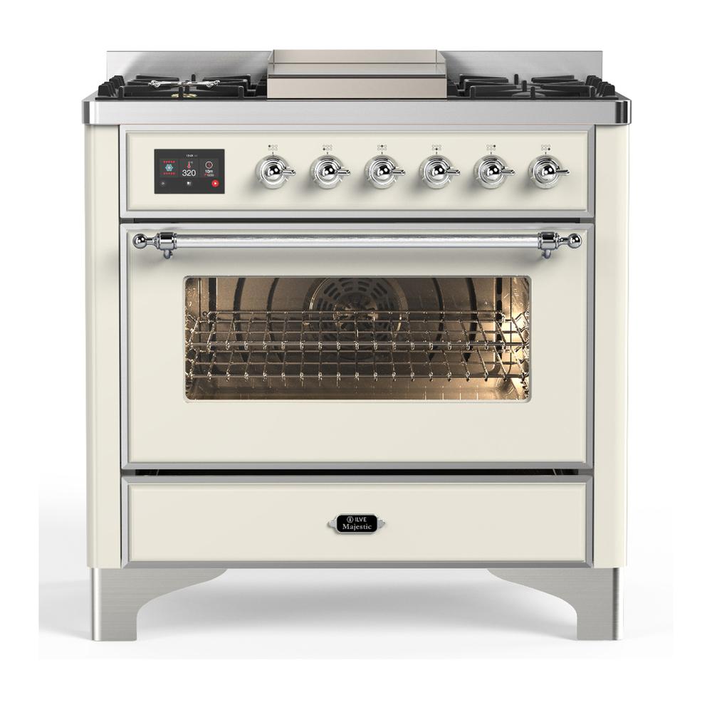 Ilve UM36FNR3AWC Ilve Um36Fnr3Awc Majestic Iii 36 Inch Dual Fuel Range With 6 Black Brass Burners And Griddle, Dual Function Burner Up To 25,000 Btu (Triple Glass Door, Antique White, Chrome, Natural Gas)