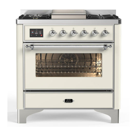 Ilve UM36FNR3AWC Ilve Um36Fnr3Awc Majestic Iii 36 Inch Dual Fuel Range With 6 Black Brass Burners And Griddle, Dual Function Burner Up To 25,000 Btu (Triple Glass Door, Antique White, Chrome, Natural Gas)