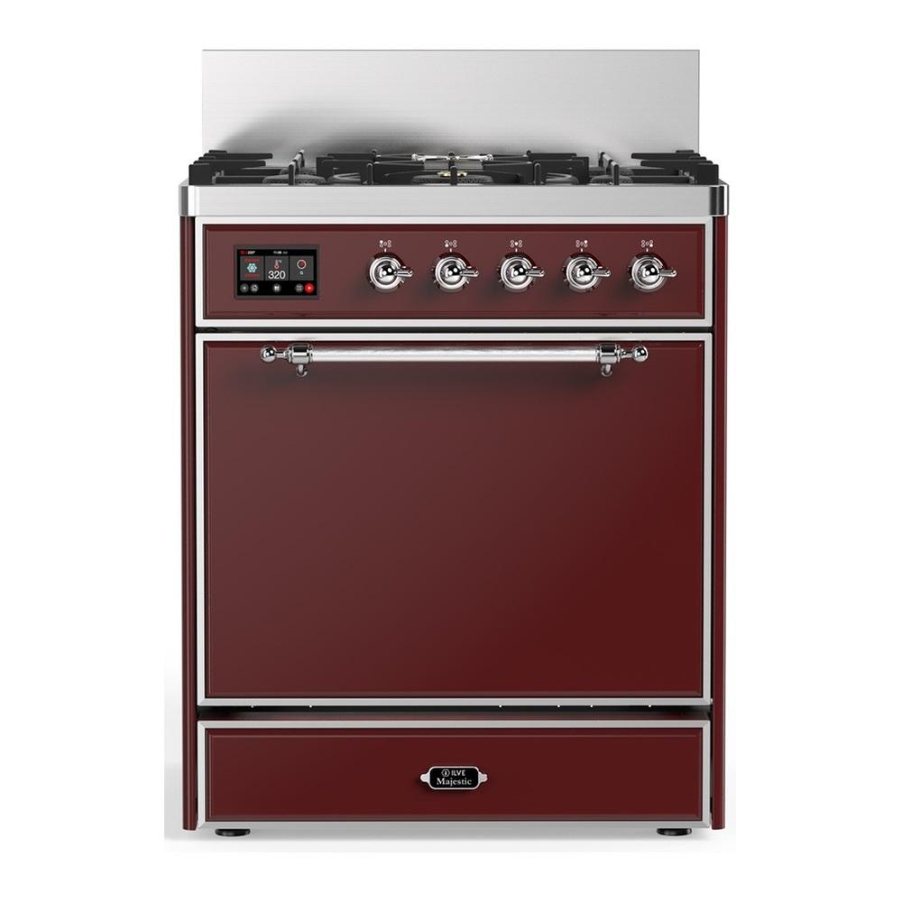 Ilve UM30QNR3BUCLP Ilve Um30Qnr3Buclp Majestic Iii 30 Inch Dual Fuel Range With 5 Black Brass Burners, Dual Function Burner Up To 25,000 Btu (Liquid Propane, Solid Door, Burgundy, Chrome)