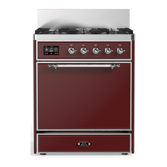 Ilve UM30QNR3BUCLP Ilve Um30Qnr3Buclp Majestic Iii 30 Inch Dual Fuel Range With 5 Black Brass Burners, Dual Function Burner Up To 25,000 Btu (Liquid Propane, Solid Door, Burgundy, Chrome)