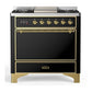 Ilve UM36FQNR3BKGLP Ilve Um36Fqnr3Bkglp Majestic Iii 36 Inch Dual Fuel Range With 6 Black Brass Burners And Griddle, Dual Function Burner Up To 25,000 Btu (Solid Door, Glossy Black, Brass, Liquid Propane)