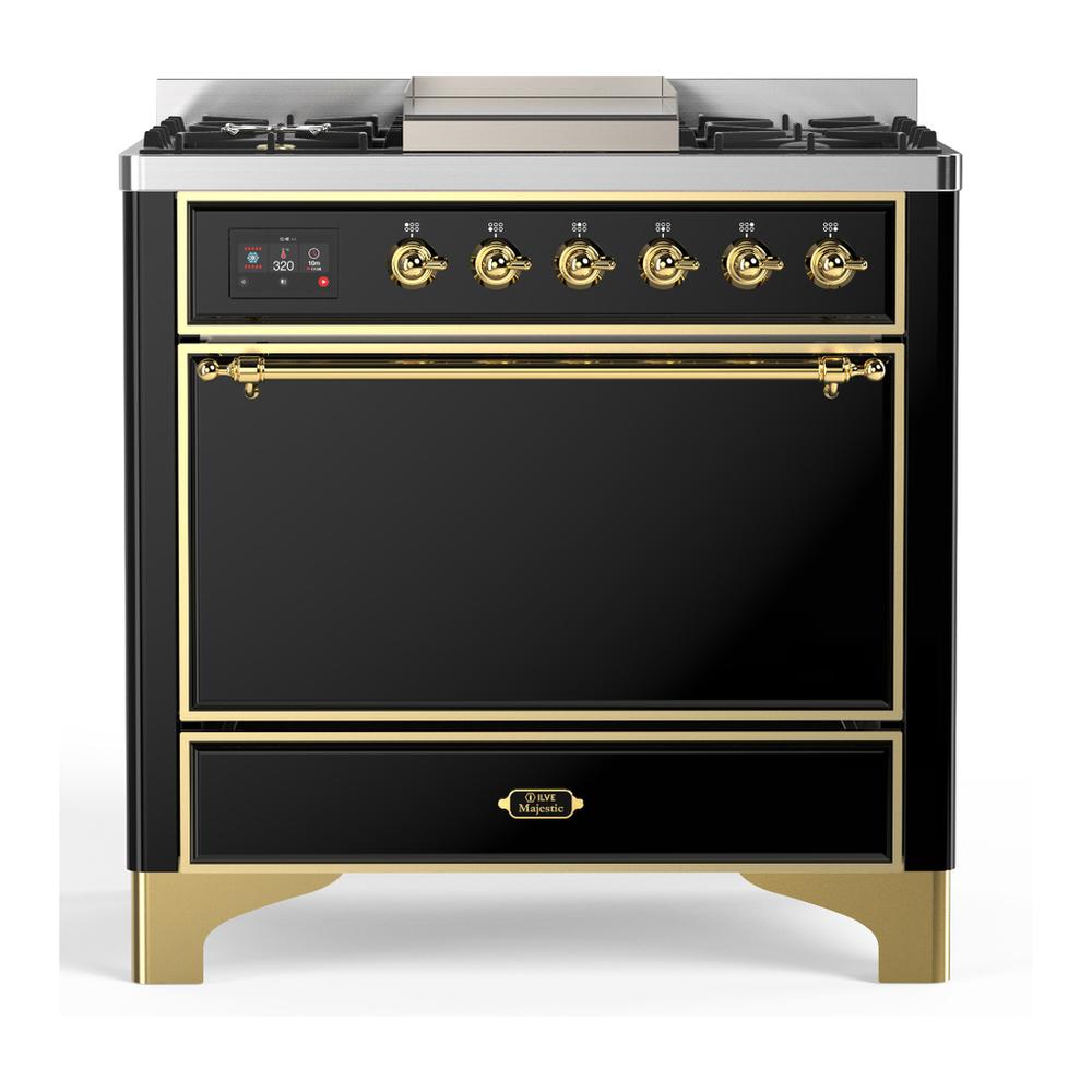 Ilve UM36FQNR3BKGLP Ilve Um36Fqnr3Bkglp Majestic Iii 36 Inch Dual Fuel Range With 6 Black Brass Burners And Griddle, Dual Function Burner Up To 25,000 Btu (Solid Door, Glossy Black, Brass, Liquid Propane)