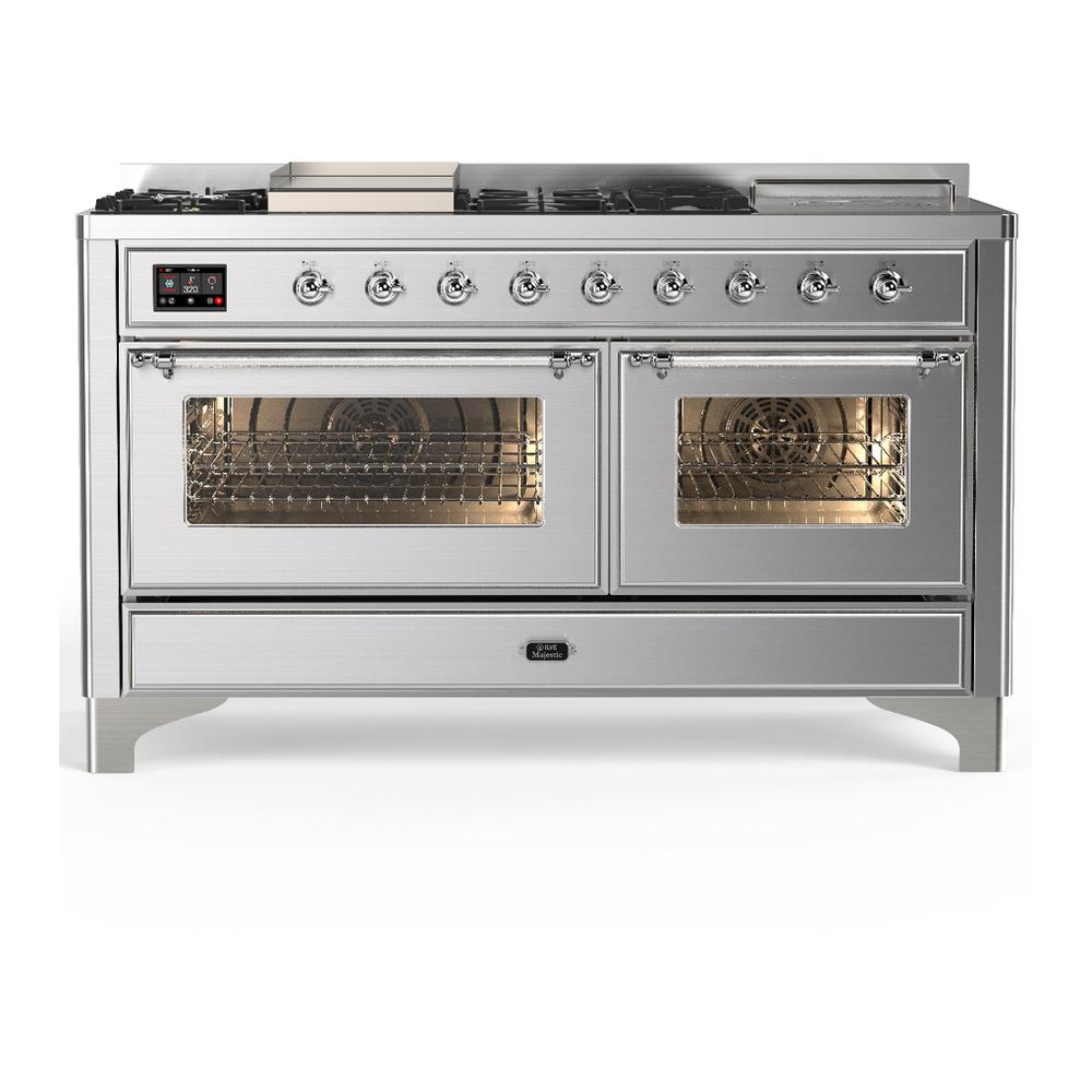 Ilve UM60FSNR3SSCLP Ilve Um60Fsnr3Ssclp Majestic Iii 60 Inch Dual Fuel Range With 7 Burners, Griddle And French Top, Dual Function Burner With Up To 25,000 Btu (Liquid Propane, Triple Glass Door, Stainless Steel, Chrome)