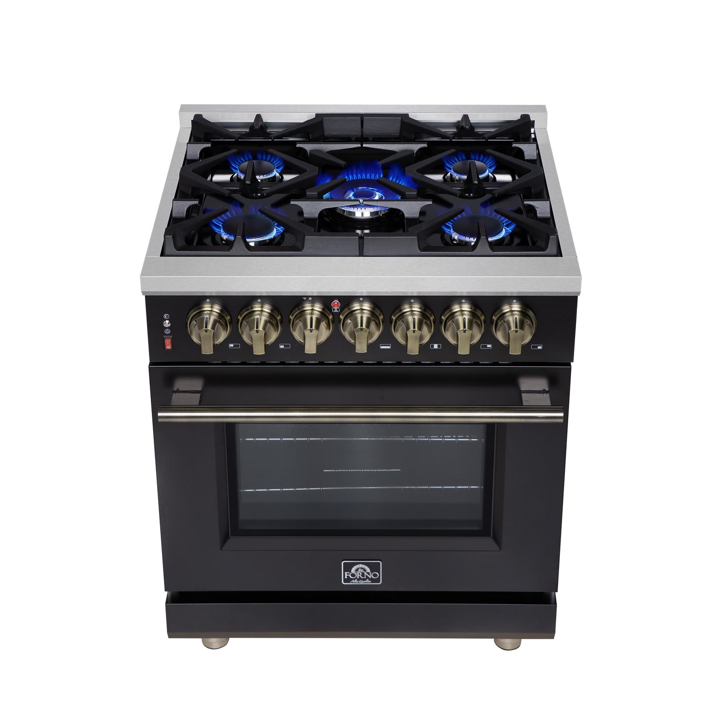Forno FFSGS612530BLK Forno Massimo 30-Inch Freestanding Dual Fuel Range In Black With Antique Brass Accessories, 4 Burners, 4.32 Cu. Ft. Convection Oven