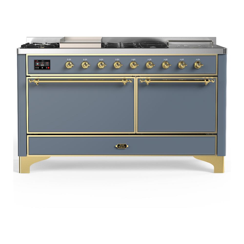 Ilve UM60FSQNR3BGG Ilve Um60Fsqnr3Bgg Majestic Iii 60 Inch Dual Fuel Range With 7 Burners, Griddle And French Top, Dual Function Burner With Up To 25,000 Btu (Natural Gas, Solid Door, Blue Grey, Brass)