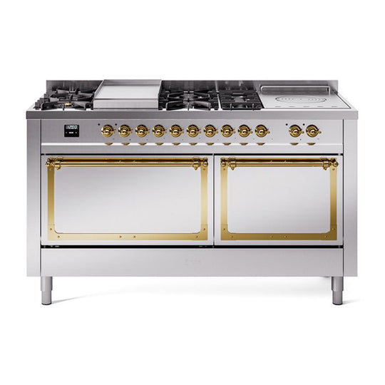 Ilve UN60FSQNMPSSGLP Ilve Un60Fsqnmpssglp Nostalgie Ii Noblesse 60" Dual Fuel Range (7 Sealed Burners + Griddle + French Top, Liquid Propane, Solid Door, Stainless Steel, Brass)