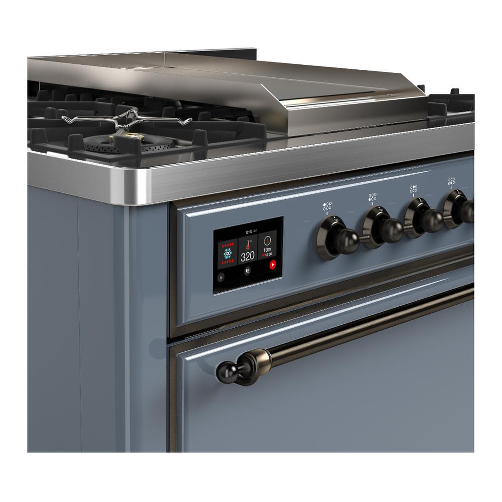 Ilve UM36FQNR3BGB Ilve Um36Fqnr3Bgb Majestic Iii 36 Inch Dual Fuel Range With 6 Black Brass Burners And Griddle, Dual Function Burner Up To 25,000 Btu (Solid Door, Blue Grey, Burnished, Natural Gas)