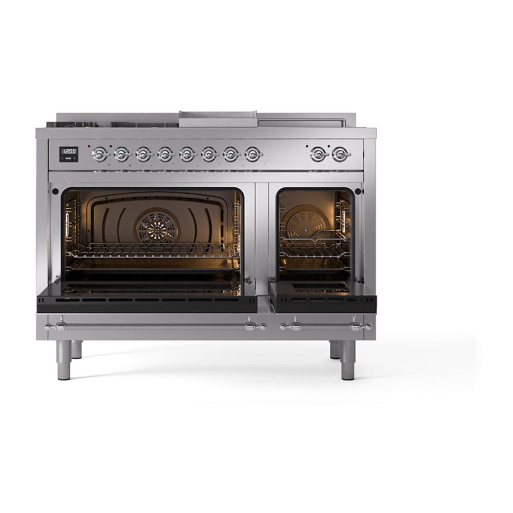Ilve UN48FSNMPSSCLP Ilve Un48Fsnmpssclp Nostalgie Ii Noblesse 48" Dual Fuel Range (5 Sealed Burners + Griddle + French Top, Liquid Propane, Triple Glass Door, Stainless Steel, Chrome)